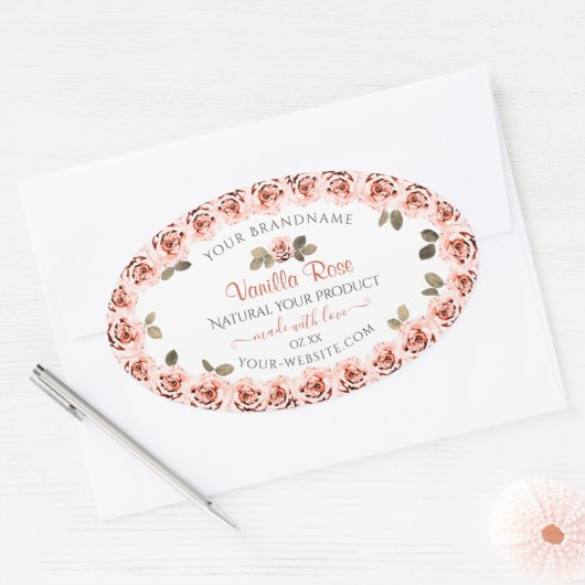 エレガントなピンクのバラ 白い商品パッケージラベル 楕円形シール (封筒)