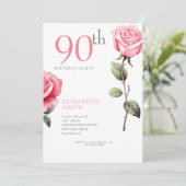 エレガントなピンクのバラ 90歳の誕生日パーティー招待状 招待状 (スタンド正面)