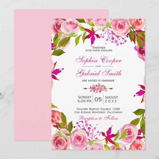 エレガントなピンクのフクシアローズ ボタニカル フラワーの結婚式 招待状 (正面/裏面)