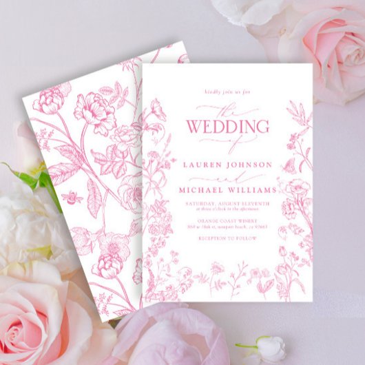 エレガントなピンクのフランス風チャイナペイントの花柄ウェディング 招待状