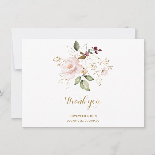エレガントなピンクのブッシュゴールドの花のウェディングサンクス サンキューカード (正面)