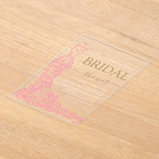 エレガントなピンクのブッシュドレス ブライダルシャワー アクリル招待状 (レイダウン)