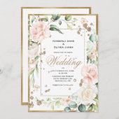 エレガントなピンクのブッシュ ゴールド フラワー ウェディング 招待状 (正面/裏面)