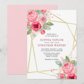 エレガントなピンクのブッシュ フローラル ゴールド ジオメトリー ウェディング 招待状 (正面/裏面)