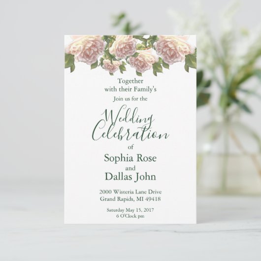 エレガントなピンクのブッシュ ホワイトローズ 招待状 (スタンド正面)