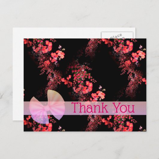 エレガントなピンクのブラック フローラル サンクス ポストカード (正面/裏面)