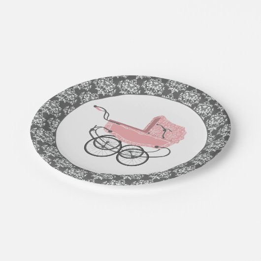 エレガントなピンクのベビーカーのベビーシャワーの紙皿 ペーパープレート (アングル)