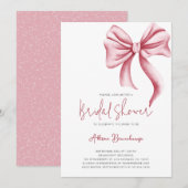 エレガントなピンクのボウが付いたガーリーなブライダルシャワーパーティー 招待状 (正面/裏面)