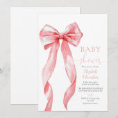 エレガントなピンクのボウの女の子ベイビーシャワー 招待状 (正面/裏面)