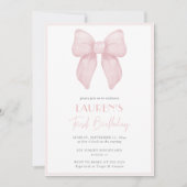 エレガントなピンクのボウガール ファーストバースデー 招待状 (正面)
