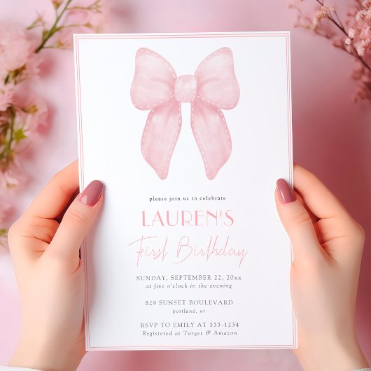 エレガントなピンクのボウガール ファーストバースデー 招待状