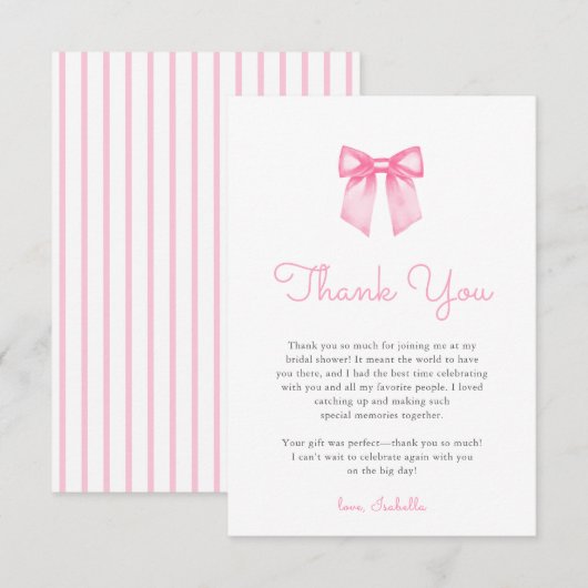 エレガントなピンクのボウ ブライダルシャワー サンキューカード (正面/裏面)