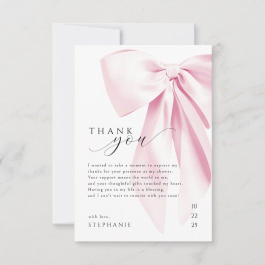 エレガントなピンクのボウ ブライダルシャワー サンキューカード (正面)