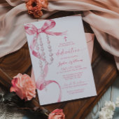 エレガントなピンクのボウ＆ロザリーへの捧げ物 招待状