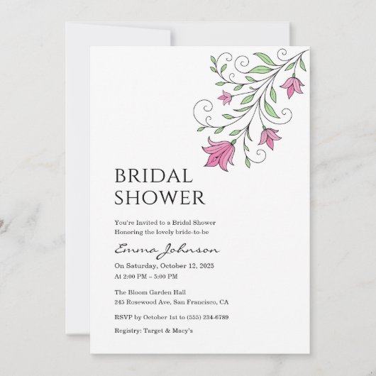 エレガントなピンクのボタニカル ブライダル シャワー 招待状 (正面)