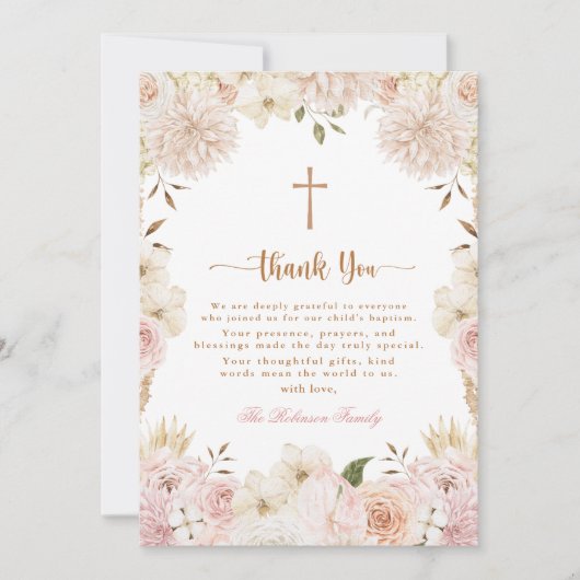 エレガントなピンクのボヘミアンフラワーバプテスマ感謝カード 招待状 (正面)