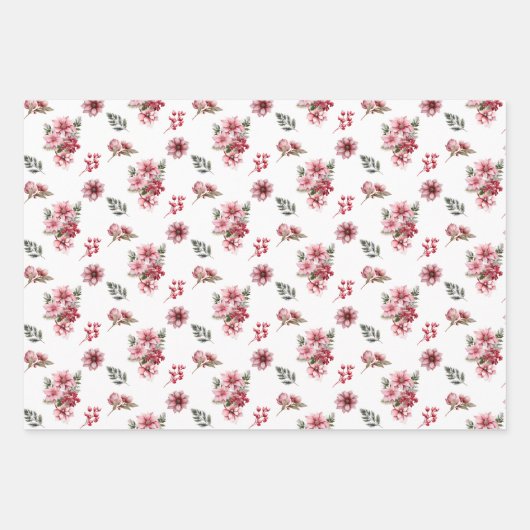 エレガントなピンクのポインセチアのクリスマスホリデーパターン ラッピングペーパーシート (正面)