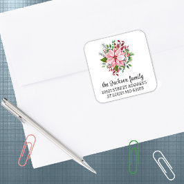 エレガントなピンクのポインセチア 返信先住所ラベルシール スクエアシール