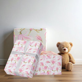 エレガントなピンクのマグノリアの花模様の水彩 ラッピングペーパー