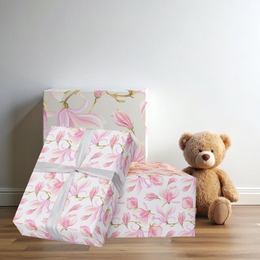 エレガントなピンクのマグノリアの花模様の水彩 ラッピングペーパー