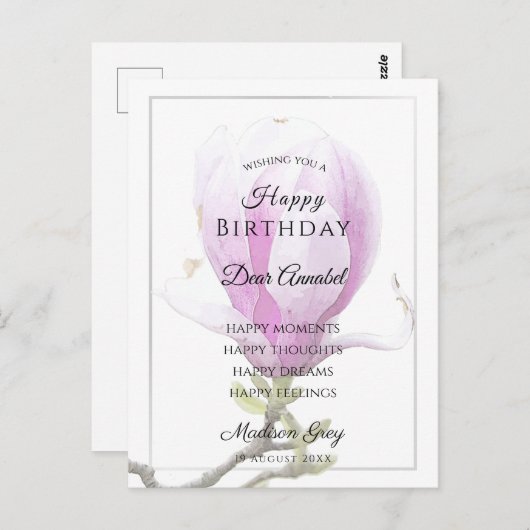 エレガントなピンクのマグノリアの誕生日メッセージ ポストカード (正面/裏面)