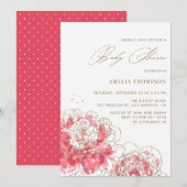 エレガントなピンクのモダンな牡丹の花のベイビーシャワー 招待状 (正面/裏面)