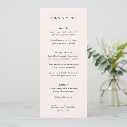 エレガントなピンクのモダンウェディング メニュー (スタンド正面)