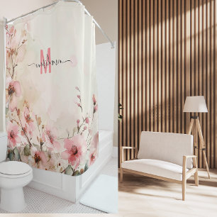 エレガントなピンクのモノグラム現代スクリプトウェディングカスタム シャワーカーテン