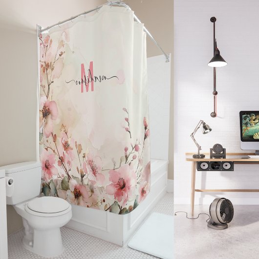 エレガントなピンクのモノグラム現代スクリプト結婚式カスタム シャワーカーテン