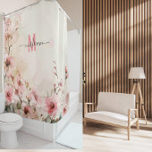 エレガントなピンクのモノグラム現代スクリプト結婚式カスタム シャワーカーテン