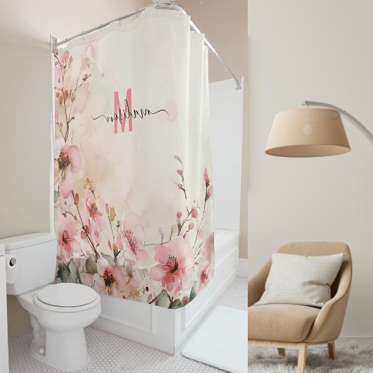 エレガントなピンクのモノグラム現代スクリプト結婚式カスタム シャワーカーテン