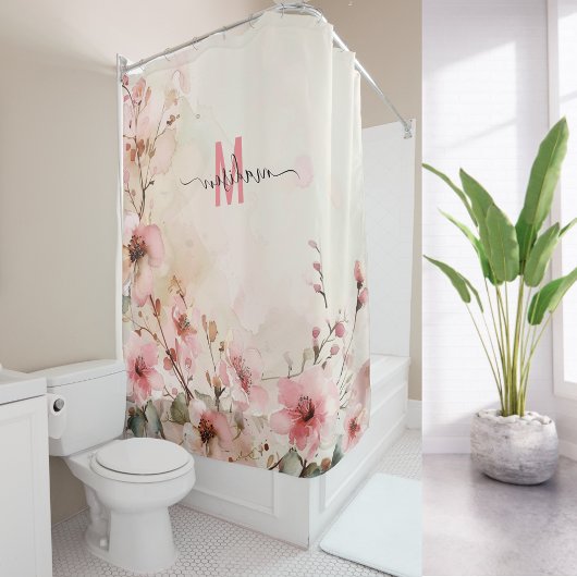 エレガントなピンクのモノグラム現代スクリプト結婚式カスタム シャワーカーテン