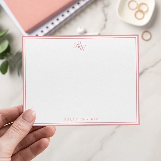 エレガントなピンクのモノグラム2ボーダー ノートカード