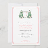 エレガントなピンクのモノグラム クリスマス ベイビーガール シャワー 招待状 (正面)