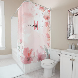 エレガントなピンクのモノグラム モダンスクリプト ブライダル ウェディング シャワーカーテン