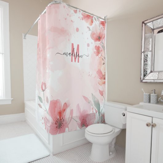 エレガントなピンクのモノグラム モダンスクリプト ブライダル ウェディング シャワーカーテン (インサイチュ)