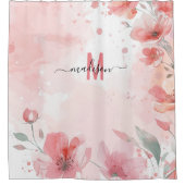 エレガントなピンクのモノグラム モダンスクリプト ブライダル ウェディング シャワーカーテン (正面)