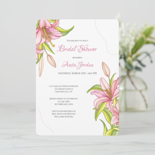 エレガントなピンクのユリの招待状 招待状 (スタンド正面)