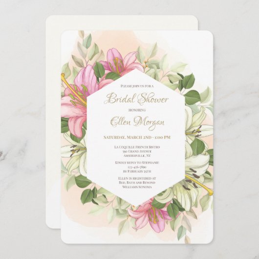 エレガントなピンクのユリの2 招待状 (正面/裏面)