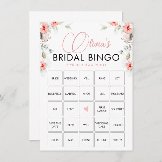 エレガントなピンクのユーカリ ワイルドフラワーズ ビンゴ ゲーム カード (正面/裏面)