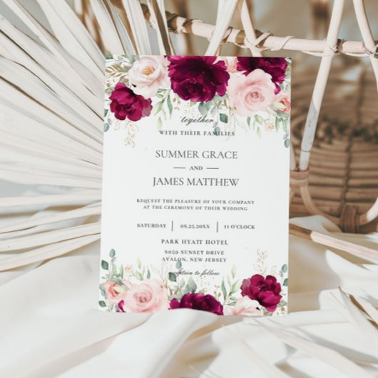 エレガントなピンクのラズベリー ブラッシュ ピンクの花の結婚式 招待状