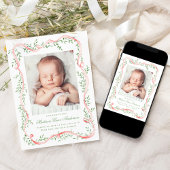 エレガントなピンクのリボンとグリーン Birth 写真 案内状