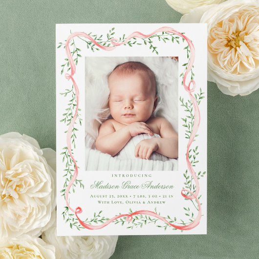 エレガントなピンクのリボンとグリーン Birth 写真 案内状