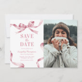 エレガントなピンクのリボン付き卒業記念のSave the Date セーブザデート (正面)