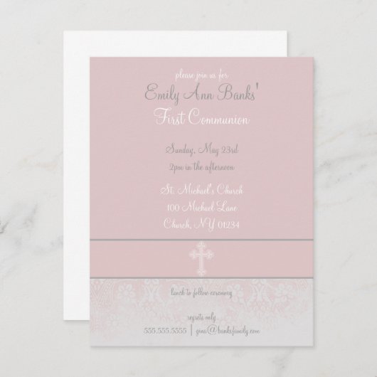 エレガントなピンクのレースの最初聖餐式の招待状 招待状 (正面/裏面)