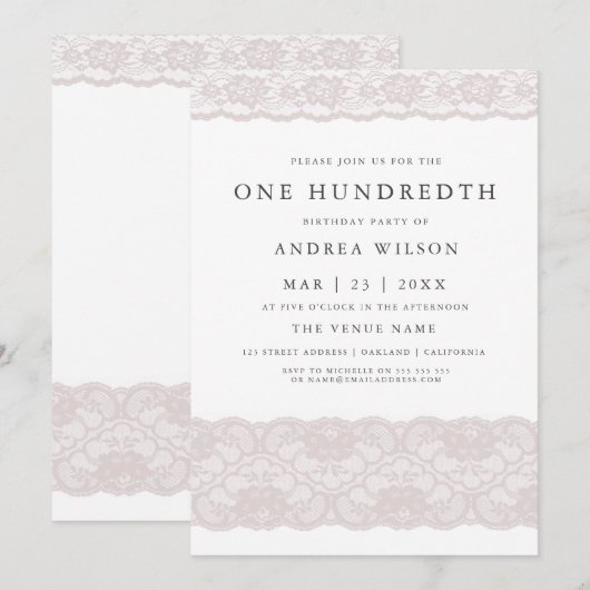 エレガントなピンクのレース 100歳の誕生日パーティー招待状 招待状 (正面/裏面)