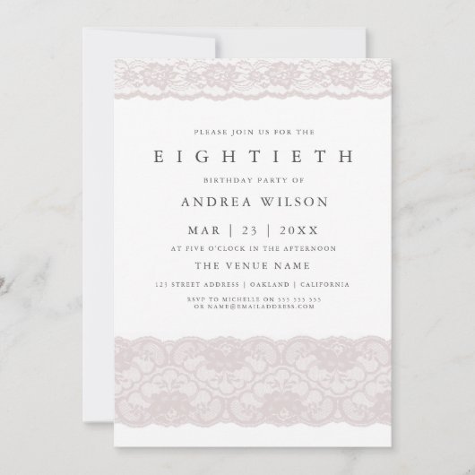 エレガントなピンクのレース 80歳の誕生日パーティー招待状 招待状 (正面)