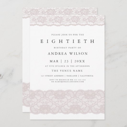 エレガントなピンクのレース 80歳の誕生日パーティー招待状 招待状 (正面/裏面)