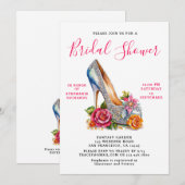 エレガントなピンクのローズシルバーシューズ ブライダルシャワー 招待状 (正面/裏面)
