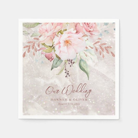 エレガントなピンクのローズ牡丹の花の大理石の結婚式 スタンダードカクテルナプキン (正面)